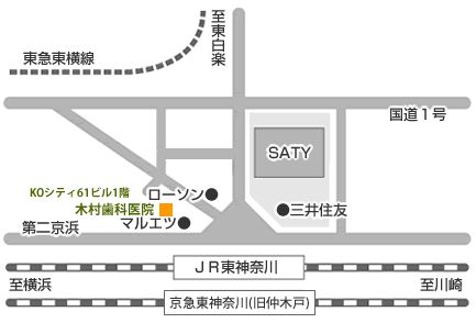 木村歯科医院地図（東神奈川駅より・京急東神奈川駅（旧仲木戸））